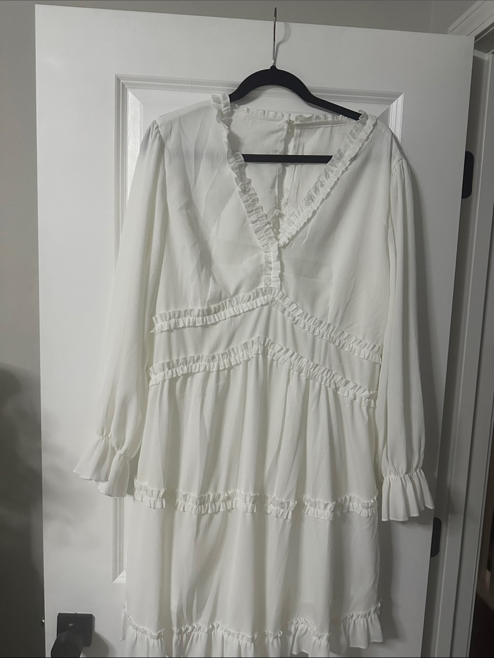 Amazon White Long Sleeve Ruffle V-Neck Dress